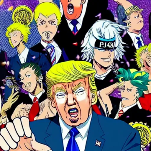 Image similar to Donald trump in JoJo’s bizarre adventure manga, the menacing symbols can be seen above his head