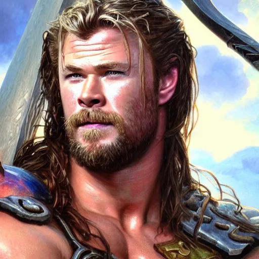 Prompt: portrait of Chris Hemsworth as a shirtless barbarian wielding a greataxe, Blizzard, World of Warcraft, by artgerm and greg rutkowski and alphonse mucha and andrei riabovitchev, 4k oil on linen, vivid colors, colorful, high dynamic range, HDR, intricate, elegant, highly detailed, digital painting, artstation, concept art, smooth, sharp focus, illustration