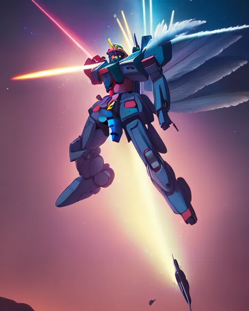 Image similar to highly detailed vfx portrait of a gundam with wings of feathers beam saber fighting in space with a beam gun, unreal engine, greg rutkowski, loish, rhads, beeple, makoto shinkai and lois van baarle, ilya kuvshinov, rossdraws, tom bagshaw, alphonse mucha, global illumination, detailed and intricate environment