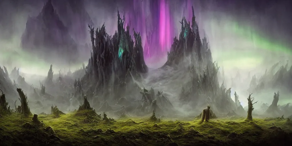 Image similar to evil eldritch lovecraftian scenery landscape, lord of the rings, aurora borealis, mist, monoliths, tentacles, fungal growths, moss highly detailed, bleak color, perfect lighting, perfect composition, 8 k, brian froud, artgerm, derek zabrocki, greg rutkowski