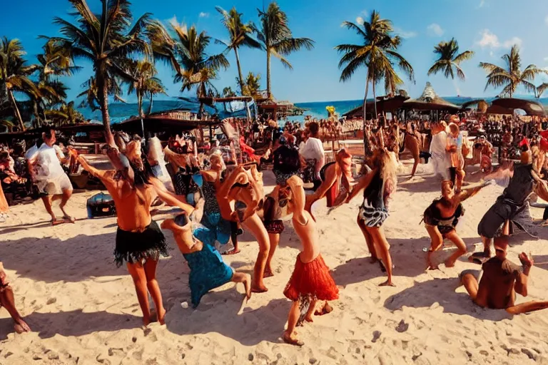 Prompt: animals and humans dancing at a party at the beach, drinking, food, bar, music, resort, praising the sun, golden hour, cinematic, atmospheric, 8k resolution, Hyperrealistic