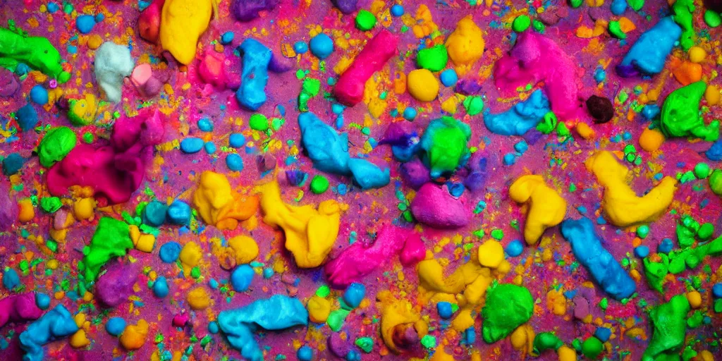 Prompt: close - up action shot of a huge messy colorful puddle of runny rainbow sherbet on the floor of a abandoned ice cream parlor comes to life, the sherbet raises to stand in the shape of a evil clown with sharp scary fangs attacking. a legion of giant evil gummy bares are behind.