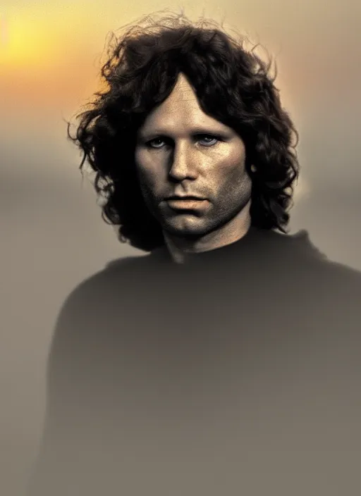 Image similar to jim morrison in real life, face centered portrait of jim morrison, confident, fog, rain, volumetric lighting, beautiful, golden hour, sharp focus, ultra detailed, cgsociety by leesha hannigan, ross tran, thierry doizon, kai carpenter, ignacio fernandez rios, noir art house, 4 k, 3 5 mm, fujifilm