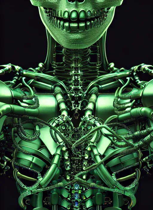 Image similar to a photorealistic detailed close up portrait of a cybernetic, bionic, metal skeleton, black and green only, intricate, elegant, highly detailed, digital painting, artstation, concept art, smooth, sharp focus, illustration, art by hana yata, artem demura, alphonse mucha, octane render, unreal engine, 8 k