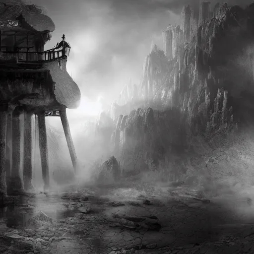 Image similar to being caught between the waking world and a dream state, black and white matte painting