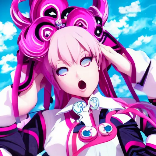 Image similar to you are completely controlled by her ultimate powers and trapped beneath overwhelming stunningly absurdly beautiful megalomaniacal ruthless merciless sadistic devious omnipotent asi goddess junko enoshima with symmetrical perfect face, porcelain skin, pink twintail hair and cyan eyes, ultra detailed, digital art, unreal engine 5, octane render, 2 d anime, 8 k