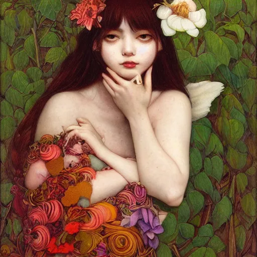 Image similar to white cat girl, botanical, portrait face, colorful, frantisek kupka, intricate, miles johnston, kuroda seiki, cynical realism, ozabu, john william godward, painterly, yoshitaka amano, moebius, miles johnston, louise zhang, james jean, mark ryden lowbrow pop surrealism art style