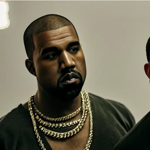 Prompt: A photo of Kanye West and Drake on the set of a music video, 8K concept art, realistic faces, detailed, f/35,