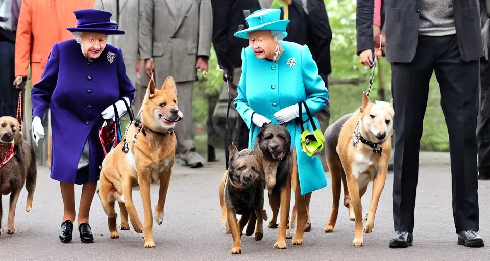 Image similar to the queen wearing a dog collar walking her dogs