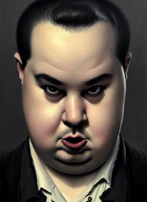 Prompt: portrait of a chubby man with a crooked nose and a confident expression, 1 9 6 0 s, black clothes, goth, punk, funk, intricate, elegant, highly detailed, digital painting, artstation, concept art, smooth, sharp focus, illustration, art by wlop, mars ravelo and greg rutkowski