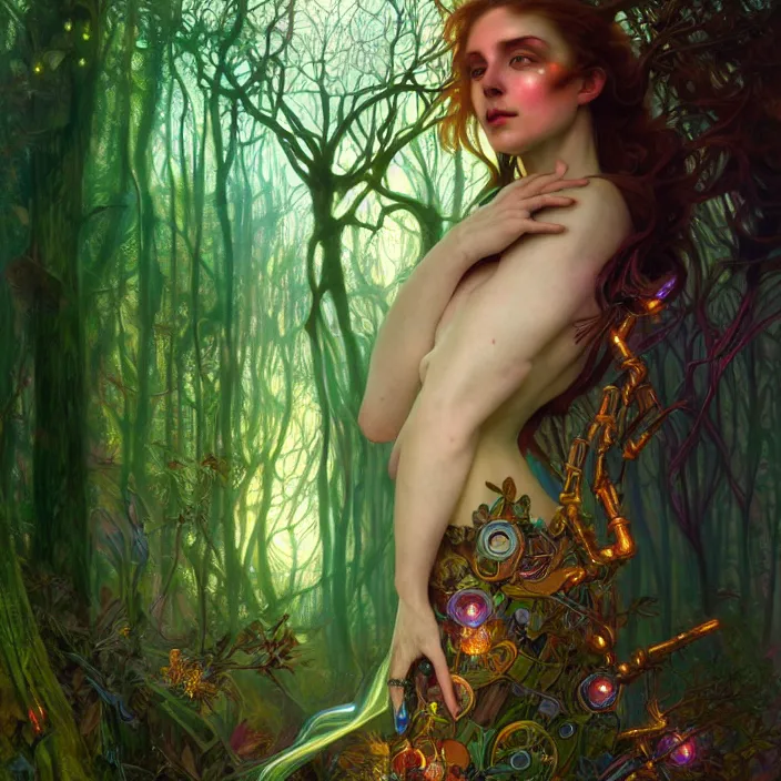 Prompt: bright psychedelic portrait of genius organic cyborg in an ancient forest, diffuse lighting, fantasy, intricate, elegant, highly detailed, lifelike, photorealistic, digital painting, artstation, illustration, concept art, smooth, sharp focus, art by John Collier and Albert Aublet and Krenz Cushart and Artem Demura and Alphonse Mucha