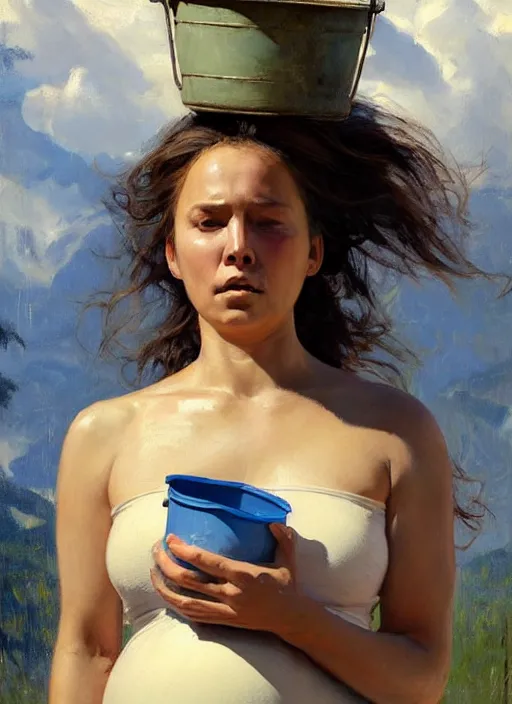 Prompt: portrait of pregnant vilage woman carrying a bucket of water, countryside, fantasy character portrait, dynamic pose, above view, view from above, sunny day, thunder clouds in the sky, artwork by Jeremy Lipkin and Giuseppe Dangelico Pino and Michael Garmash and rob rey, very coherent symmetrical artwork, perfect face, simple form, 100mm