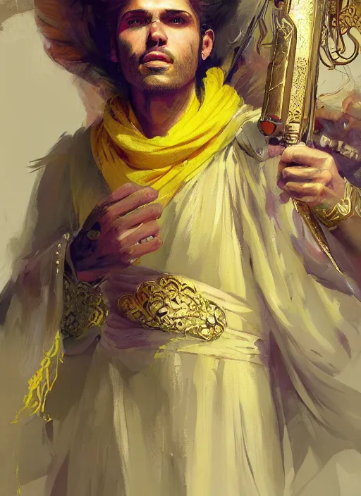 Prompt: a beautiful detailed painting of a gypsy male bard in colorful ornate robes robes, pale skin, white hair, yellow eyes, master of dreams art by jon foster trending on artstation painted by greg rutkowski, painted by stanley artgerm