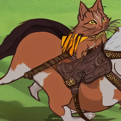 Image similar to photo of a small warrior cat carrying his battle flag while riding a large cat steed that is galloping into battle