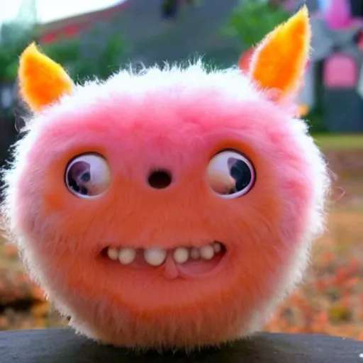 Image similar to an alien with a face that looks like a fuzzy peach the peach is fuzzy pink warm and ripe the alien has horns and a mean smile, 4k, highly detailed, high quality, amazing, high particle effects, glowing, majestic, soft lighting