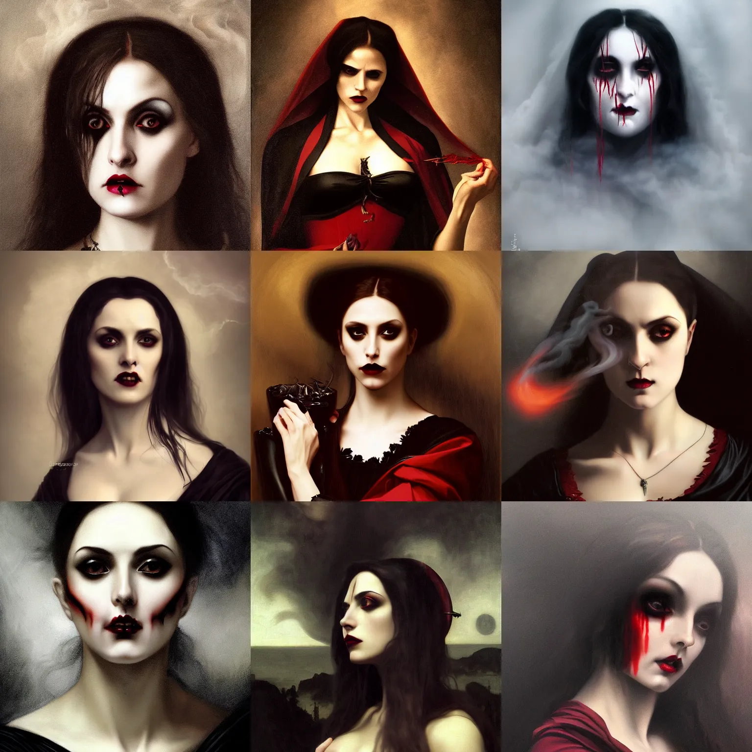 Prompt: Demonic beautiful vampire woman mistress of death mourning widow subtly clothed in fog smoke clouds with a faint smile dark lipstick obsidian jewellery fangs and claws, colourful trending artstation, detailed portrait academic caravaggio Bouguereau, sharp focus medium shot