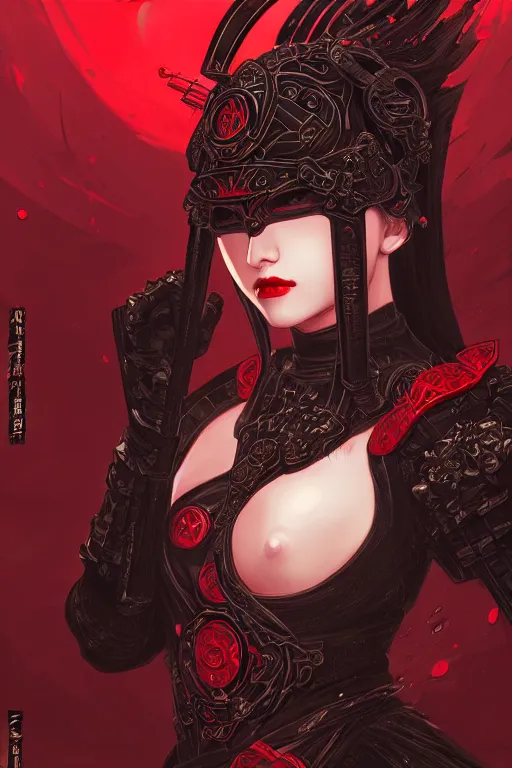 Prompt: portrait Ninja gaiden girl, armored black and red ninja wardrobe, in ruin japanese rainny temple night, ssci-fi and fantasy, intricate and very very beautiful and elegant, highly detailed, digital painting, artstation, concept art, smooth and sharp focus, illustration, art by tian zi and WLOP and alphonse mucha