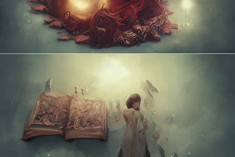 Prompt: Pages of a book with strange and mystical creatures scary and dangerous, concept art, inspired by Reylia Slaby, Guillermo del Toro, trending on artstation, volumetric lighting, intricate, ornate, CGsociety