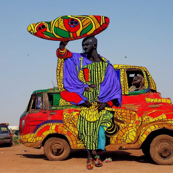 Image similar to UFO hovering over an African Jesus , colourful, in the style of Nigerian truck art (Eagle & Snake, Kano),