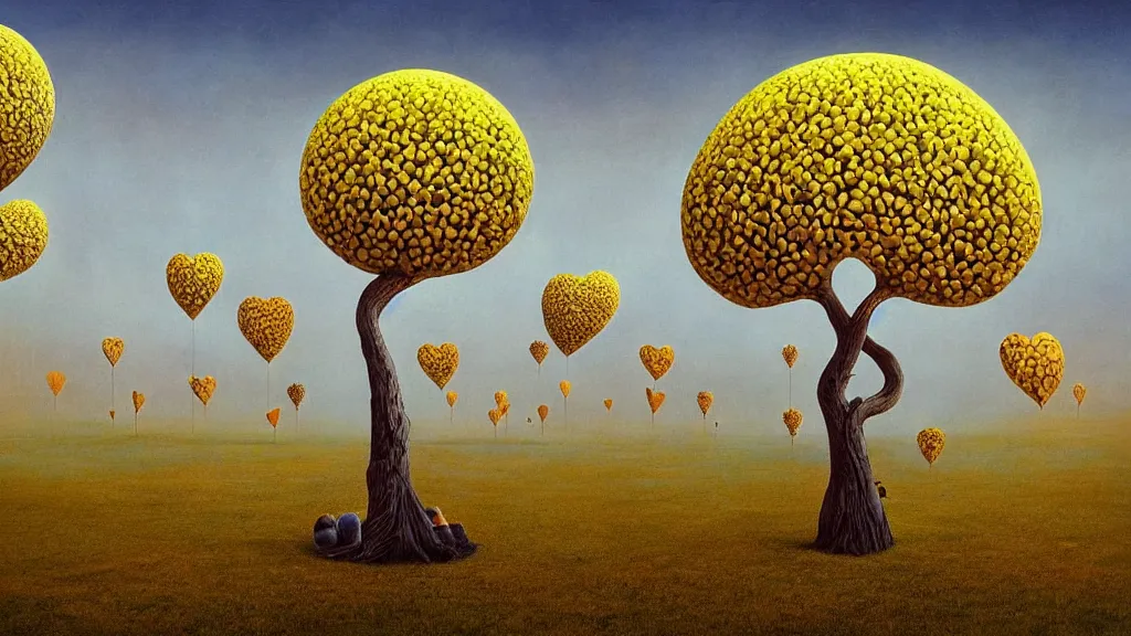 Image similar to surreal landscape, surrealism, fibonacci, heart shaped trees, symmetrical, esao andrews, victor enrich, dali