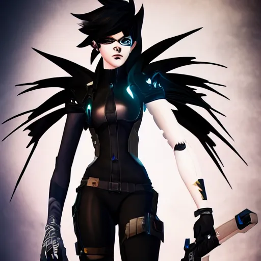 Image similar to tracer from overwatch, wearing goth outfit, black hair, 4 k, detailed face, smirky expression, detailed face, focus on eyes, blur, beautiful lighting, low contrast,