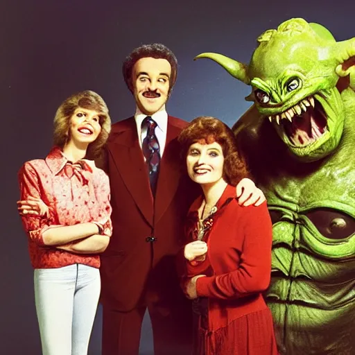 Image similar to vintage 1 9 8 0's sitcom publicity photo, a happy photogenic family and a large giant evil demonic horrifying angry detailed monstrous demon creature inside a 1 9 8 0's sitcom living room