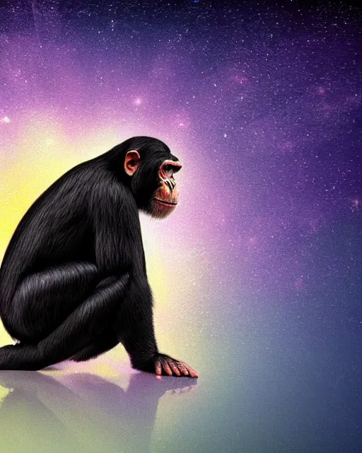 Prompt: very detailed high resolution illustration of a chimpanzee, backlit, stars, night, surrounded, 3 d, 8 k, extremely detailed, artstation, award winning