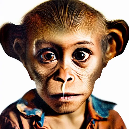 Prompt: a monkey kid female cute portrait with porcelain face, dressed in a vintage shirt, conceptual art, oil fantasy painting, hyperdetailed, dramatic light, 8 k