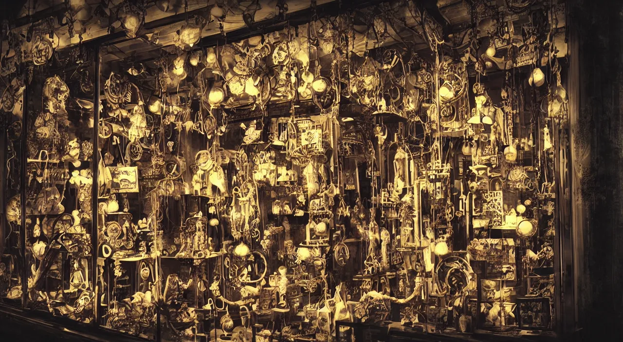 Image similar to steampunk shop window by junji ito, darkness, neon lights, photo realistic, completely filled with interesting oddities, things hanging from ceiling, light bulbs, cinematic