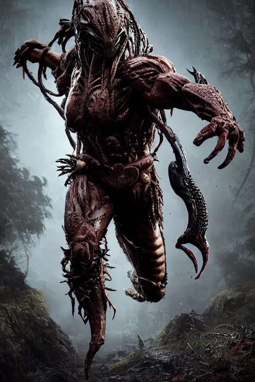 Image similar to full body pose, hyperrealistic photograph cover of predator, dim volumetric lighting, 8 k, octane beautifully detailed render, extremely hyper detailed, intricate, epic composition, cinematic lighting, masterpiece, trending on artstation, very very detailed, stunning, hdr, smooth, sharp focus, high resolution, award, winning photo, dslr, 5 0 mm