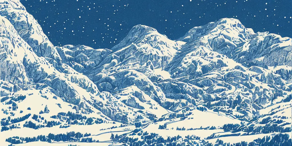 Image similar to beautiful idyllic poster illustration for a craggy snow valley national park, no trees, by ludwig hohlwein