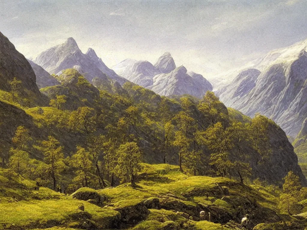 Prompt: a painting of a majestic mountainous landscape in norway in spring by caspar david friedrich, high detail,