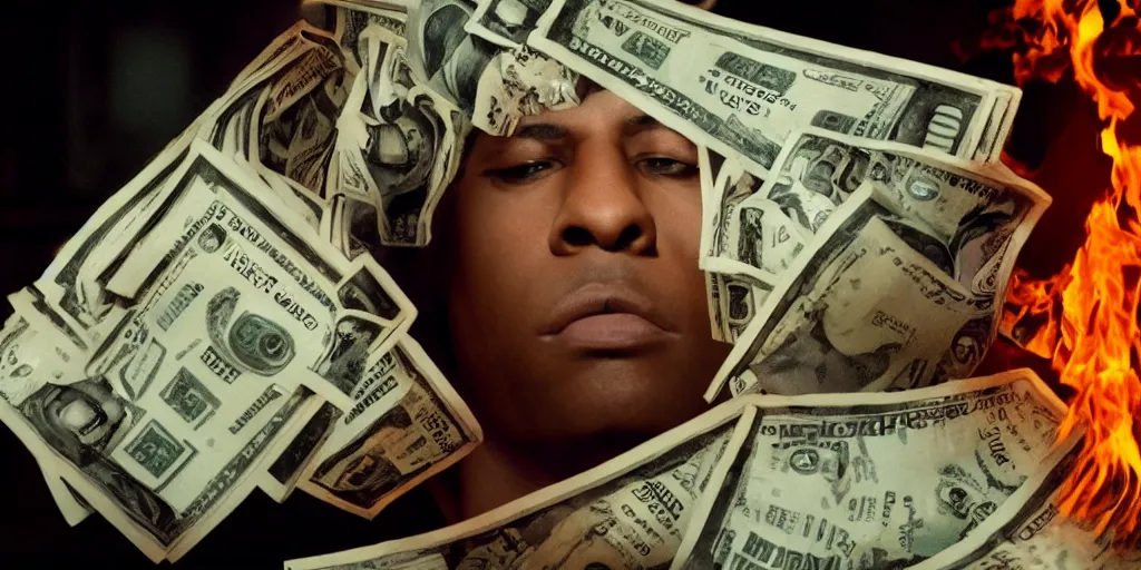 Image similar to a film still of cash money on fire while piling up in a vault, shallow depth of field, cinematic, award winning cgi, vfx, film still