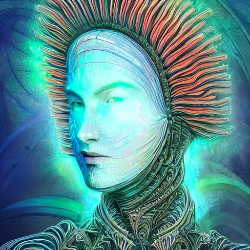 Image similar to Face of a Alien Deity, centered, corals, plume made of geometry, extremly detailed digital painting, sharp focus in the style of android jones, artwork of a futuristic artificial intelligence superstar with frames made of detailed circuits, mystical colors, rim light, beautiful lighting, 8k, stunning scene, raytracing, octane, under water visual distortion, dark tones colors, trending on artstation