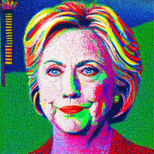 Image similar to very very very colorful pointillist portrait of hillary clinton wearing a beautiful necklace, painted by georges seurat