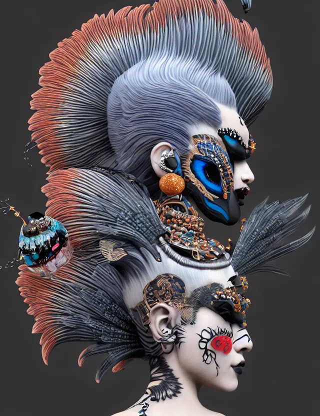 Image similar to 3 d goddess close - up profile portrait punk with mohawk with ram skull. beautiful intricately detailed japanese crow kitsune mask and clasical japanese kimono. betta fish, jellyfish phoenix, bio luminescent, plasma, ice, water, wind, creature, artwork by tooth wu and wlop and beeple and greg rutkowski