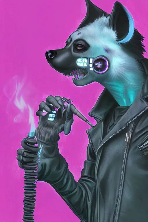 Image similar to digital painting of anthromorphic hyena female smoking cigarrete in cyberpunk style, fursona, furry fandom, neon rainy cyberpunk setting, anthro, wearing cyberpunk leather jacket, detailed face,