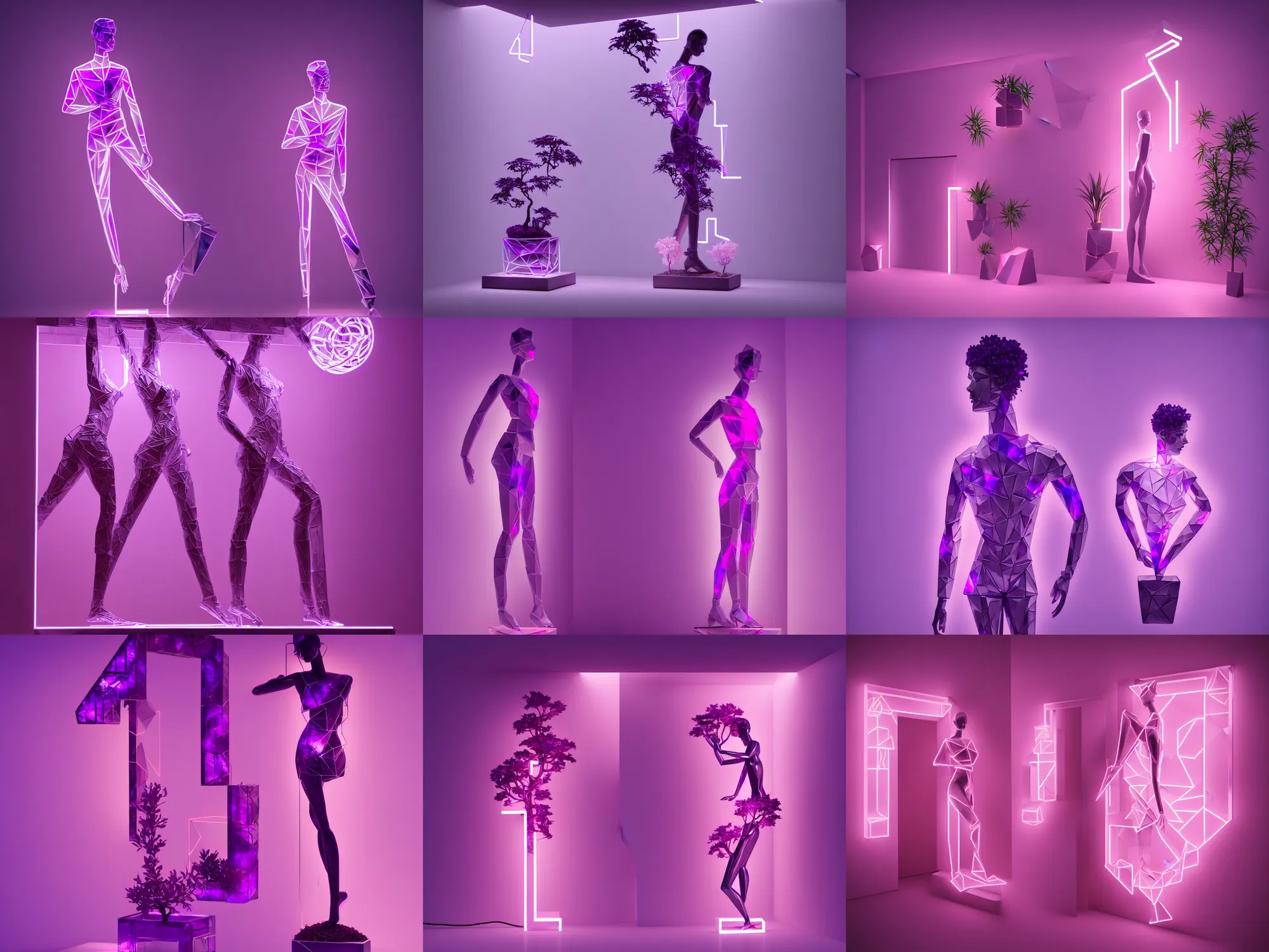 Image similar to beautiful mannequin sculpted out of amethyst by billelis + lit with geometric neon + iridescent geometric cubed bonsai plants!!!!, doorway opening with neon pink geometric light, clean linework, dramatic, finely detailed, rule of thirds, moody, award winning, 4 k, trending on artstation, photorealistic, volumetric lighting, octane render