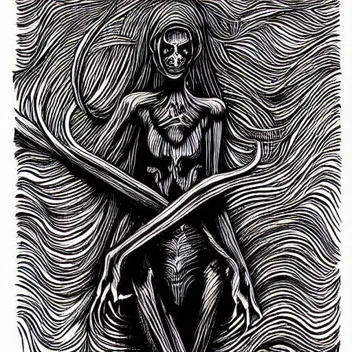 Image similar to eldritch woman abomination of unimaginable horror by h. r. giger and junji ito, speculative evolution, op art with big bold patterns