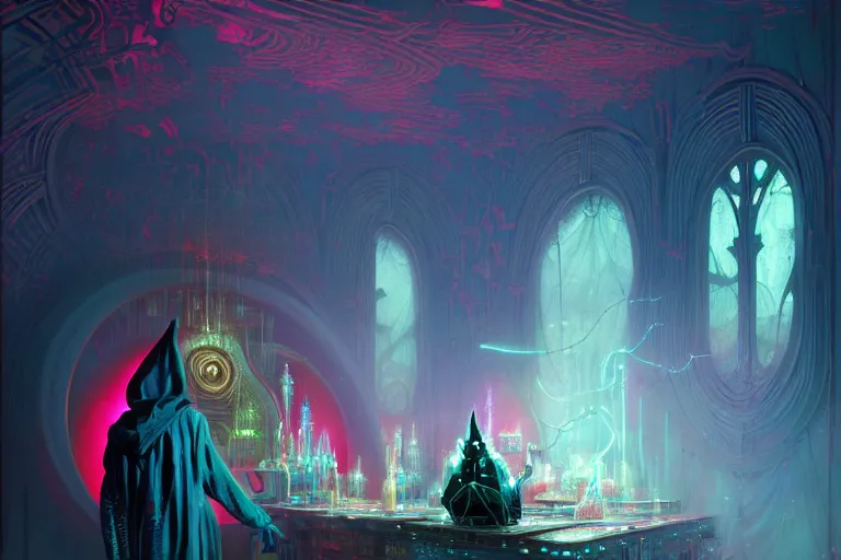 Image similar to a highly detailed beautiful masterpiece painting of a technomancer wizard in robes with pointed hood discussing sentience with his synthesized AI djinn in his laboratory near a computer by Remedios Varo and Anato Finnstark and Greg Rutkowski, dayglo pink, dayglo blue, dazzle camouflage, 8k, trending on ArtStation, rendered in Octane, volumetric lighting