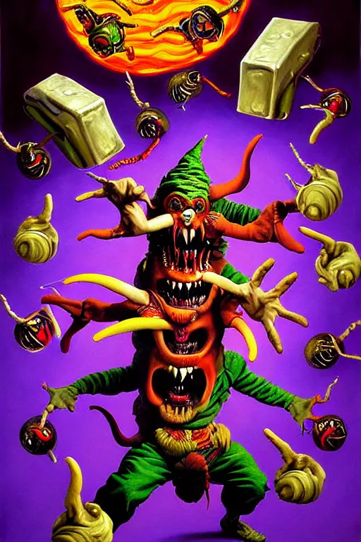 Prompt: a hyperrealistic painting of a epic boss fight against evil jester juggling knives, cinematic horror by chris cunningham, lisa frank, richard corben, highly detailed, vivid color,