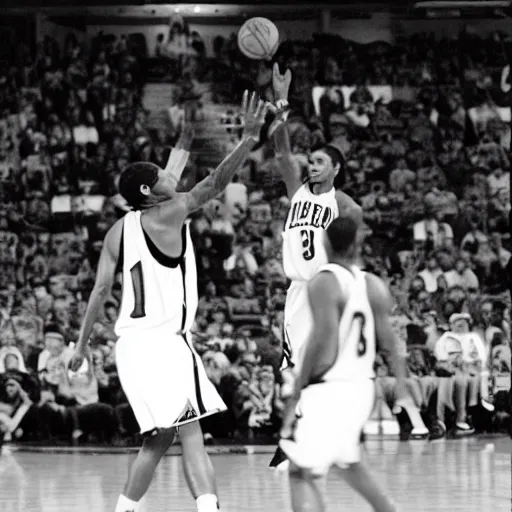 Image similar to an very old black and white grainy picture of allen iverson shooting a basketball