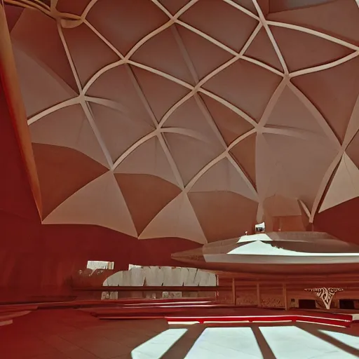 Image similar to interior of a futuristic lotus temple with gold, red and white marble panels, in the desert, by buckminster fuller and syd mead, intricate contemporary architecture, photo journalism, photography, cinematic, national geographic photoshoot