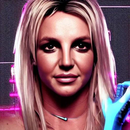 Image similar to britney spears portrait, Cyberpunk 2077, ultra photorealistic, cybernetic body parts, neon, octane, bokeh, 8k