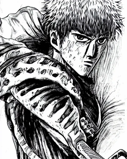 Image similar to guts berserk, character art by kentaro miura, handsome manga portrait illustration