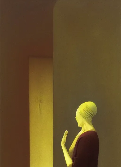 Image similar to woman praying with a paper bag over the head and a sward Edward Hopper and James Gilleard, Zdzislaw Beksinski, Steven Outram highly detailed