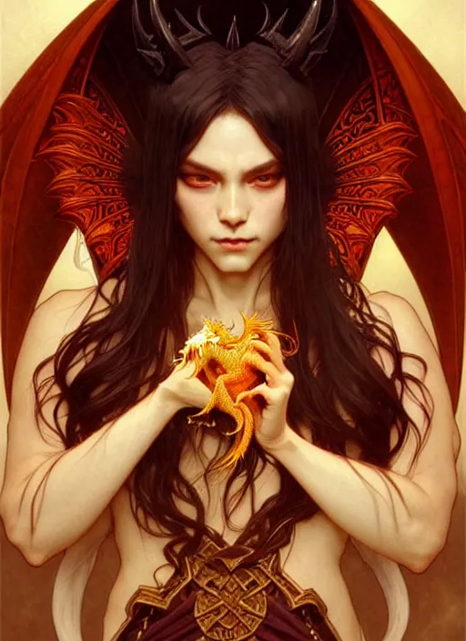 Image similar to a beautiful satanic sorcerer holding a small dragon, intricate, sharp focus, illustration, highly detailed, digital painting, concept art, matte, art by wlop and artgerm and greg rutkowski and alphonse mucha, masterpiece