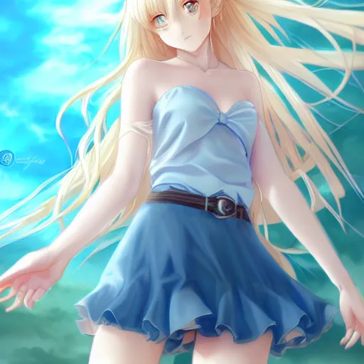 Image similar to a very beautiful anime cute girl, full body, long wavy blond hair, sky blue eyes, full round face, short smile, fancy top, miniskirt, front view, medium shot, mid-shot, highly detailed, cinematic wallpaper by Stanley Artgerm Lau