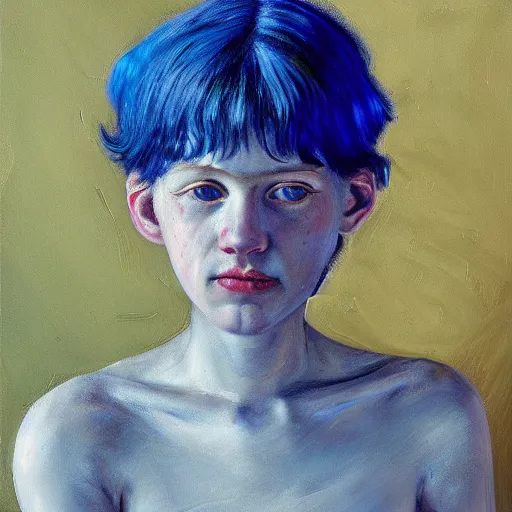 Image similar to high quality high detail painting by lucian freud, hd, blue hair girl portrait, photorealistic lighting