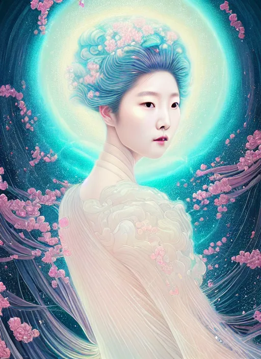Image similar to portait of Korean Roseanne Park as a beautiful celestial pearlescent multiversal Goddess wearing a futuristic elegant Renaissance dress exposed in cryo chambers by James Jean, dreamy and ethereal theme, intricate, elegant, highly detailed, centered, digital painting, lush Japanese great wave, sakura season, Kyoto inspired, artstation, concept art, smooth, sharp focus, illustration, by Peter Mohrbacher, WLOP